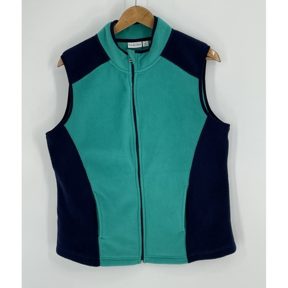 Kim Rogers Womens XL Vest Green Blue Colorblock Cozy Soft Fleece Full Zip